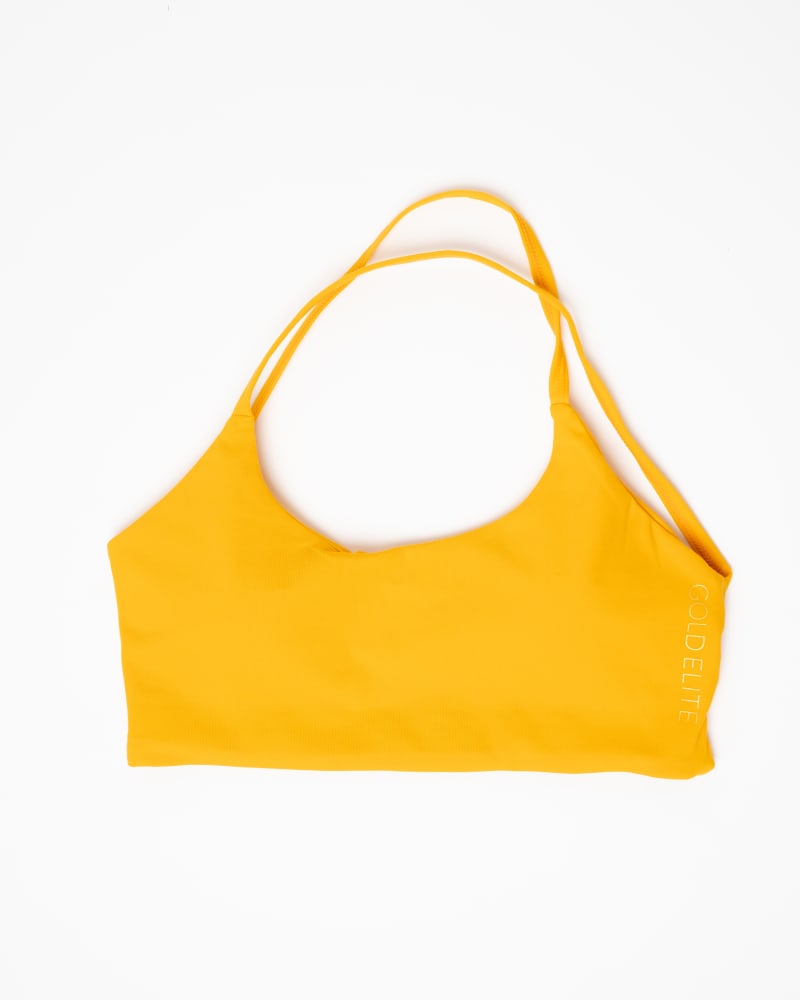 Front of a size XL The Jorry Backless Sports Bra in Sunshine Marigold by Gold Elite Apparel. | dia_product_style_image_id:284799